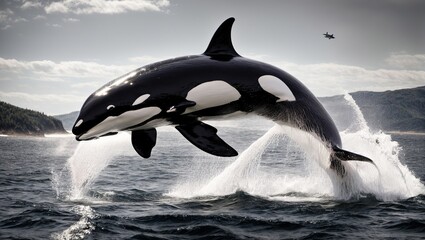 A majestic killer whale soaring through the air, its sleek black and white body glistening in the sunlight as it breaches out of the water with a powerful splash
