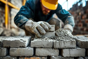 Industrial bricklayer laying bricks on cement mix on construction site - obrazy, fototapety, plakaty