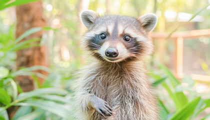 Naklejka na ściany i meble Standing among the vegetation, curious Raccoon (Procyon lotor) World Wildlife Day celebration, March, concept Animals, generative ai