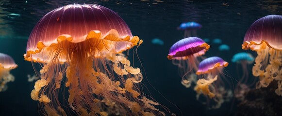 In this striking close-up, the ethereal light of the deep blue ocean is showcased as a glowing jellyfish softly navigates its depths.