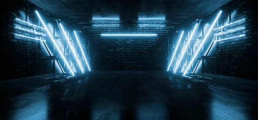 Sci Fi Futuristic Cyber Garage Grunge Brick Cement Room Big Light Stands Glowing Laser Neon Blue Lights Podium Showcase 3D Rendering © IM_VISUALS