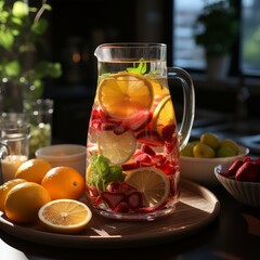 Photo of a refreshing fruit-infused water pitcher. Generative AI
