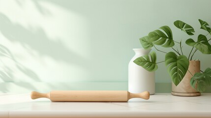 a calming seafoam green rolling pin, its serene hue evoking the tranquility of nature, its simplicity and natural appeal contrasting with the minimalist white setting.