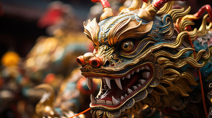 close up beautiful statue gold dragon, Chinese New Year celebrating, banner