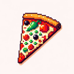 Pixel style pizza slice with meat, cheese, and salad on white background. AI generated.
