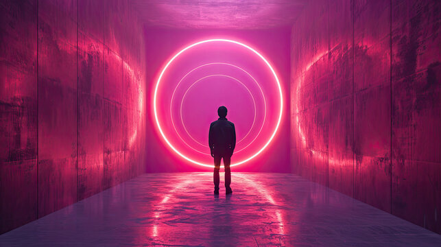 "Man in Neon Tunnel: Futuristic Vision