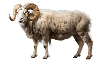 A majestic white ram with bighorn stands tall and proud, its snout raised in the outdoor wilderness, embodying the resilience and grace of a powerful terrestrial mammal