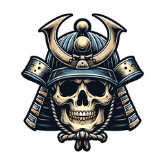 Fototapeta premium skull head face with samurai helmet design vector illustration. Traditional Japanese culture. Tattoo print. illustration for t-shirt print, fabric and other uses. Isolated on white background