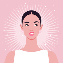 Disgust and discontent. An Asian woman's face in a grimace. An unpleasant smell. Vector flat illustration