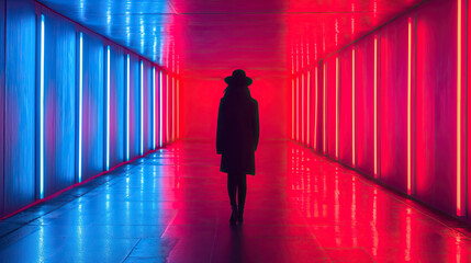 Fototapeta na wymiar Silhouette in Illuminated Neon Passage