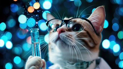 A curious cat with glasses examines a test tube, embodying a scientist, against a backdrop of colorful bokeh lights