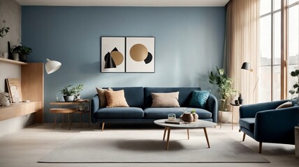 Nordic Essence: Blue Sofa Bliss in a Minimalist Studio