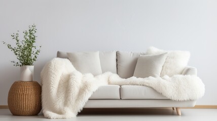 Modern Scandinavian Living Room Interior with Furniture and hite fur sheepskin .wall Art , Poster , Interior Design , 
