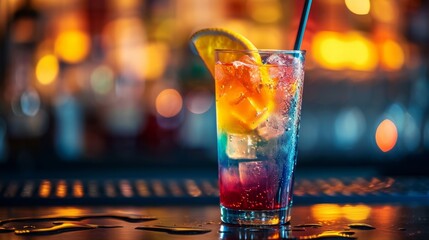 Cool Refreshing Cocktail with Lime.
Chilled cocktail with vibrant colors and a lime slice, ready to enjoy in a nightlife setting.