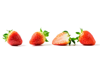 Strawberries with leaf isolate. Whole and half of strawberry on white.