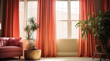 a coral-colored curtains framing a window, their lively shades enhancing the natural daylight, infusing the space with a delightful and warm glow.
