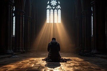 The disciple sat imprisoned in the temple in front of a window that shone with light. - obrazy, fototapety, plakaty