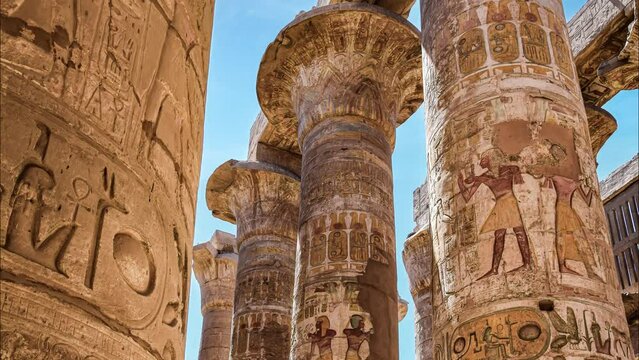 Karnak temple complex in Luxor Egypt. Central columns of Hypostyle Hall with hieroglyphs.