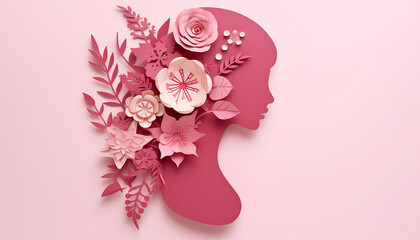 Silhouette of a woman in flowers in paper cut style in pastel pink peach color. International Women's Day, Mothers Day concept design for congratulations, banner, advertising, social networks.