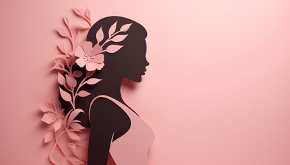 Silhouette of a woman with dark skin in flowers in paper cut style in pastel pink peach color. International Women's Day, Mothers Day concept design for congratulations, banner, advertising