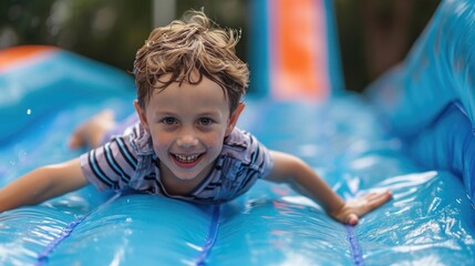 advertising photography of kid going down an inflatable slide - obrazy, fototapety, plakaty
