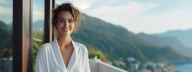 Young woman in a bathrobe on a hotel balcony. Banner, place for text - obrazy, fototapety, plakaty