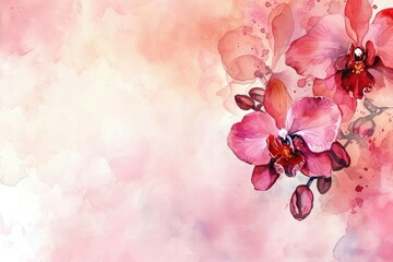 Background with watercolor orchid flowers, copy space.