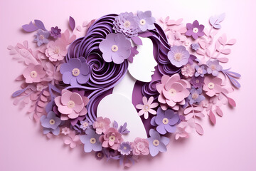 Silhouette of a woman in flowers in paper cut style in purple violet color. International Women's Day, Mothers Day concept design for congratulations, banner, advertising, social networks.