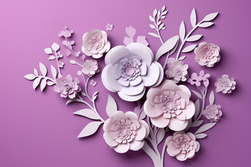 Flowers in paper cut style in purple violet color. International Women's Day, Mothers Day, Birthday ivent concept design for congratulations, banner, advertising, social networks.