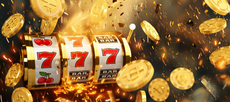 Banner with casino slot machine and shining gold coins with copy space