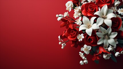 A lovely red flower bouquet is displayed on a red backdrop with copy space, Generative AI.