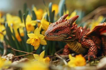 Red Welsh dragon in yellow daffodil flowers, greeting card for St David's Day Holiday celebration in Wales, UK. Background with space for text.