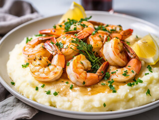 Fototapeta na wymiar A delicious platter of shrimp and grits with a sprinkle of fresh parsley.