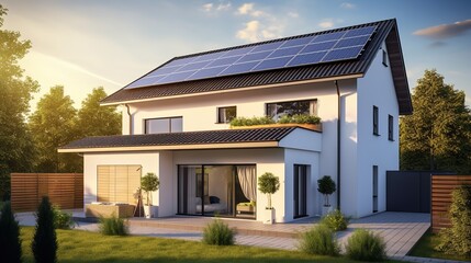 A modern, realistic-looking home with solar panels on the roof, Generative AI.