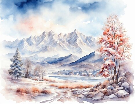 Mountains watercolor painting, Holiday winter landscape background with winter tree.
