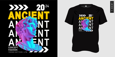 Ancient statue graphic t-shirt design ready to print. Ancient typography slogan with strip background. Greek god symbol, tee, Vector illustration for t-shirt. Clothing design suitable for teenagers.