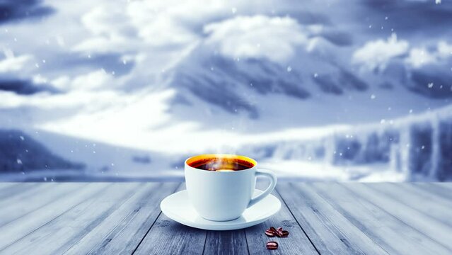 Cup of coffee on table, Winter snowy mountain, cloud and forest vibes, Cozy winter background