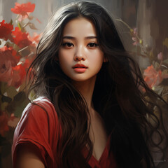 Beautiful asian woman with long black hair and red dress. Fashion portrait.