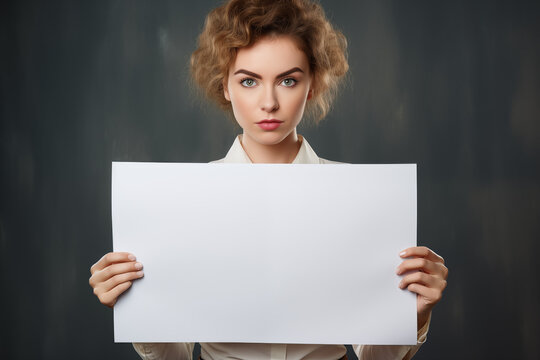 Junge Frau h&auml;lt ein leeres wei&szlig;es Schild vor sich, Plakat mit Textfreiraum f&uuml;r Werbung und Botschaften