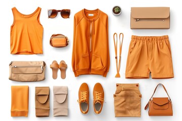 Fashionable Orange Summer Outfit Flat Lay. Generative AI. - obrazy, fototapety, plakaty