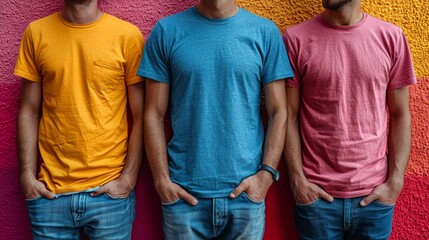Colorful isolated T-shirts with a mockup featuring both front and back views. The preview is enhanced using generative AI for a dynamic presentation.
