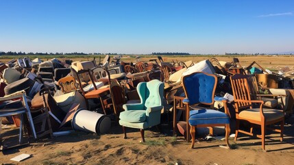 A landfill site with piles of discarded furniture - obrazy, fototapety, plakaty