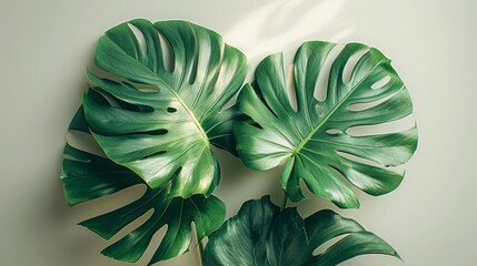 Two Monstera leaves are elegantly displayed creating a visually striking and minimalist composition
