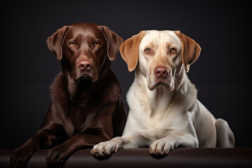 Obraz premium Zwei Labrador mit unterschiedlichen Farben, brauner Labrador und goldener Labrador