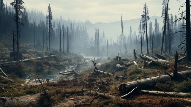 A polluted forest with wilting and damaged trees