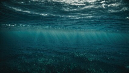 the deep blue surface of the ocean as seen from below,