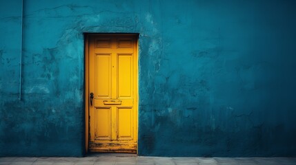 A vintage home with a yellow door and a blue wall with empty space, Generative AI. - obrazy, fototapety, plakaty
