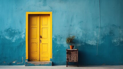 A vintage home with a yellow door and a blue wall with empty space, Generative AI. - obrazy, fototapety, plakaty