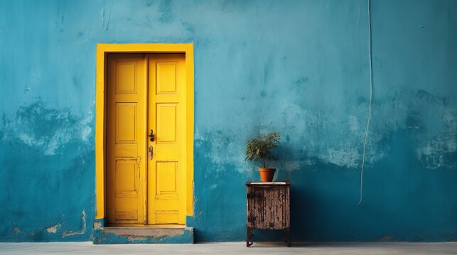 A vintage home with a yellow door and a blue wall with empty space, Generative AI.