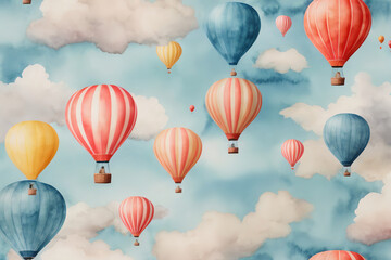 Watercolour illustration of a colourful hot air balloon in the sky with clouds